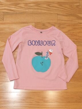 Tea Collection Pink French 'Bonjour' Long-Sleeve Graphic Tee Apple Size 8 EUC